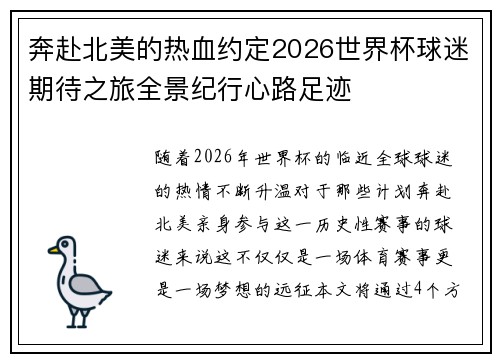 奔赴北美的热血约定2026世界杯球迷期待之旅全景纪行心路足迹